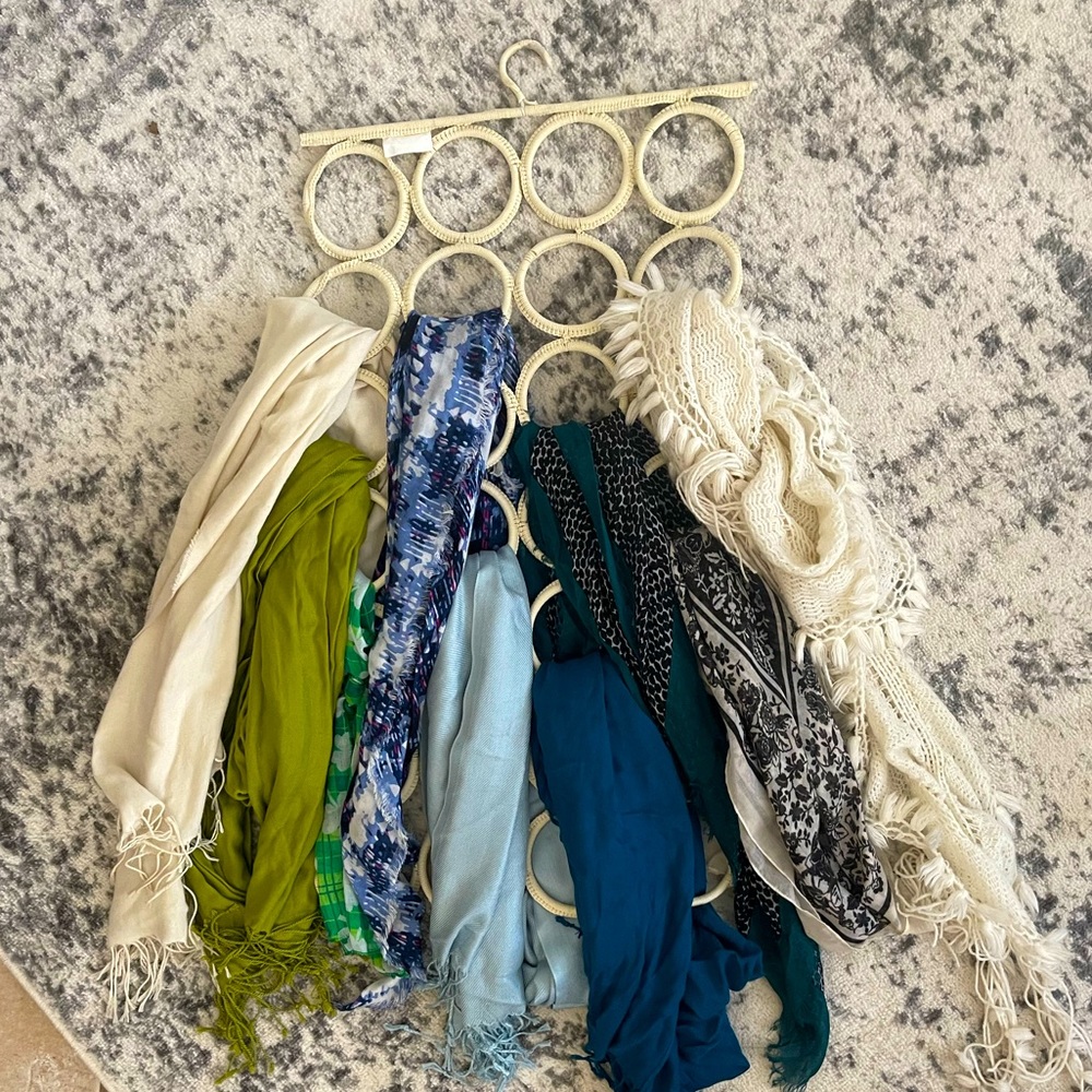 Bundle of 9 scarves along with hanging organizer. Beautiful variety of colors!